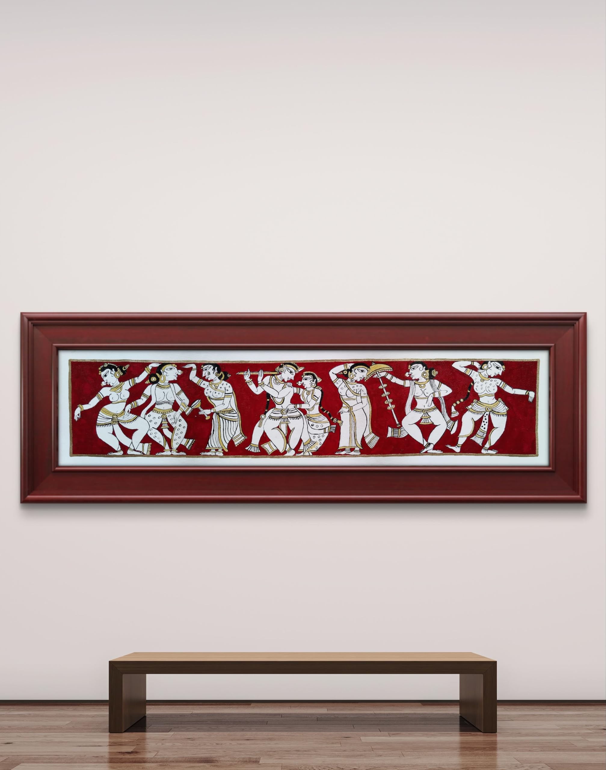 BHARAT ART BAZAAR |Handmade Radha Krishna Dancing with Gopis Painting - Traditional Indian Folk Art on Canvas, Red Background, Ethnic Wall Decor| Handcrafted Home D�cor Wall Art (Handmade Artwork) | 36" x 12"-picture-17