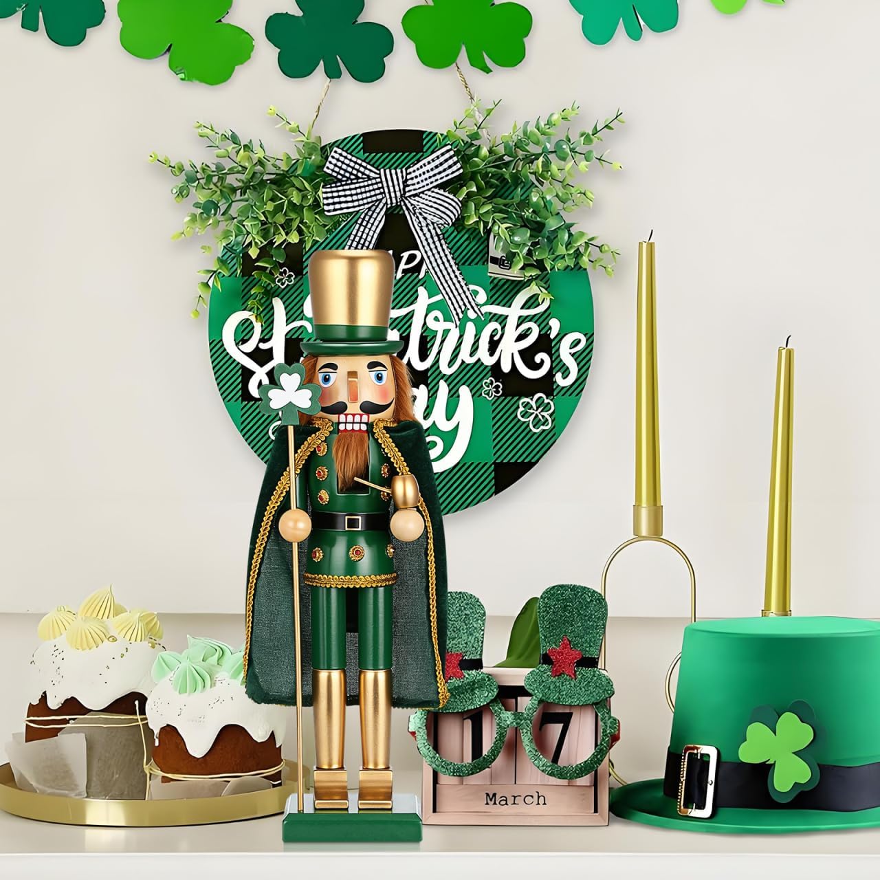 Cabilock 15Inch Christmas Nutcracker Soldier Figure Wooden Irish Shamrock Decor St. Patricks Day Ornaments, Hand-Painted Lucky Irish Cape Nutcracker Festive Ornament for Christmas Desktop Home Decor