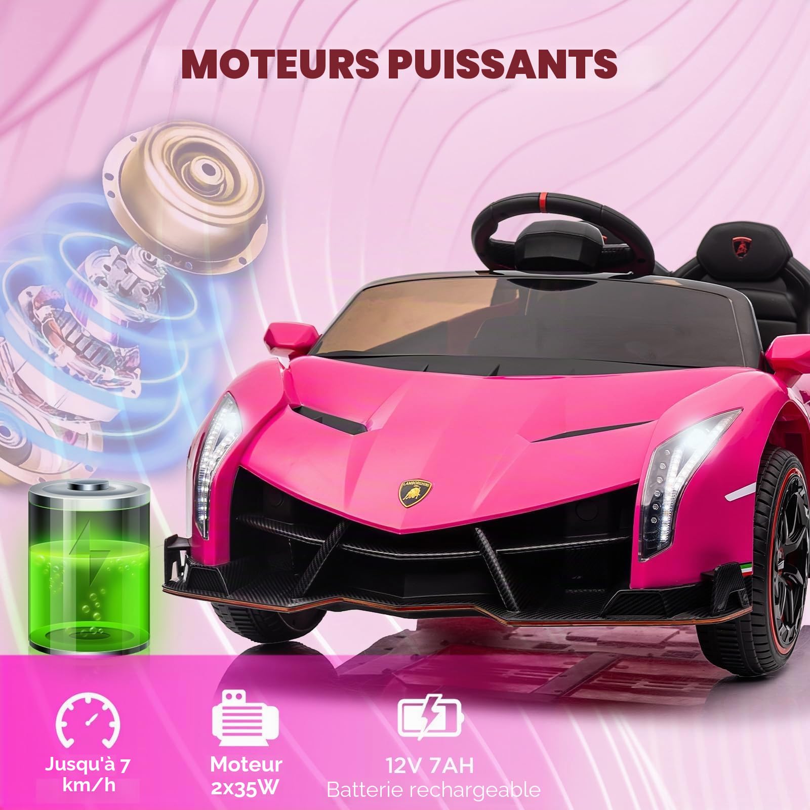 IDEALHOUSE Voiture électrique enfant 12V Lamborghini sous licence – Portes papillon – Télécommande parentale – LED, musique sans fil/USB/MP3 – Siège large – Pour enfants dès 3 ans – Couleur : rose Red
