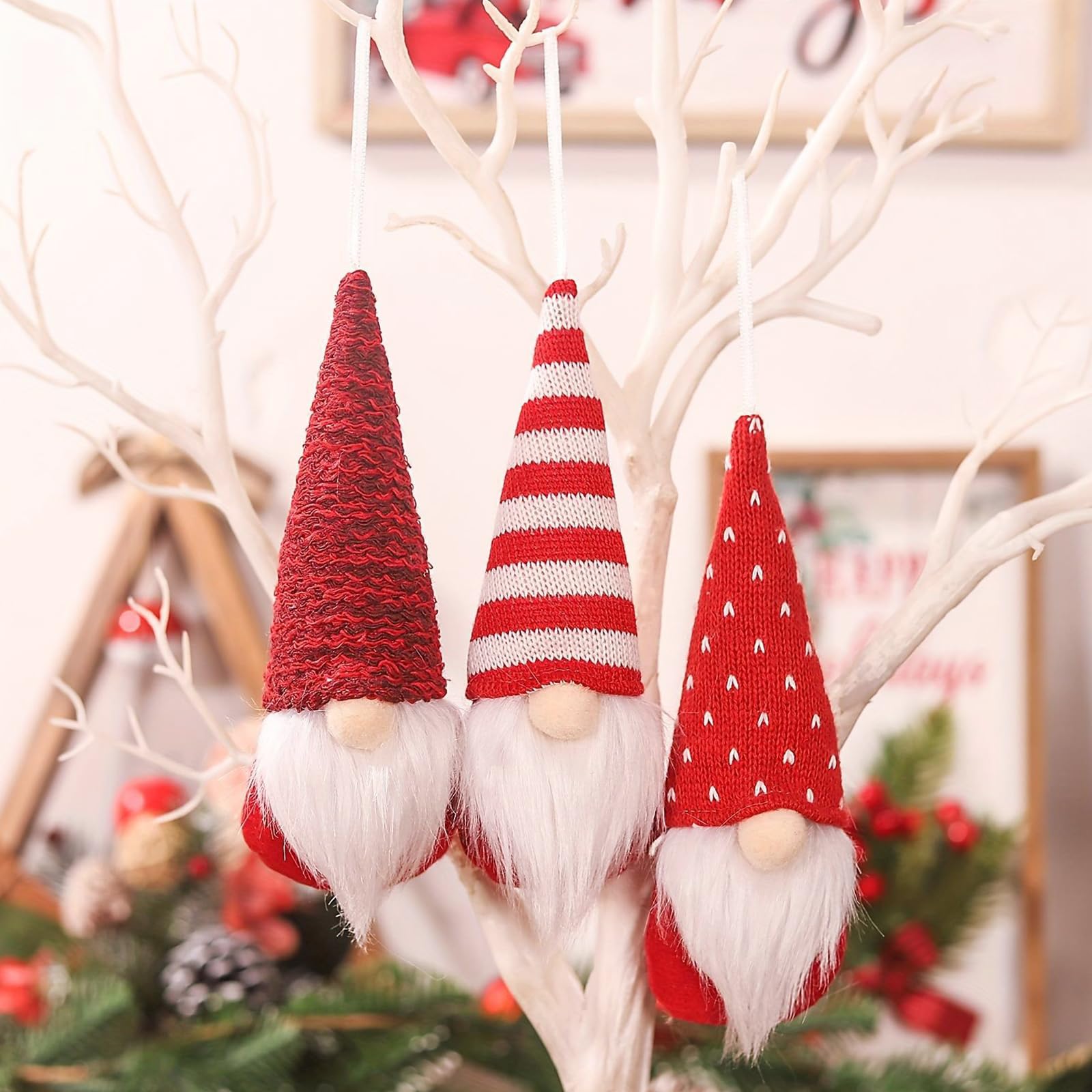 MSQ Lot de 3 décorations de Sapin de Noël à Suspendre - en Peluche | Fait à la main - Pour sapin de Noël, cheminée, maison - Rouge