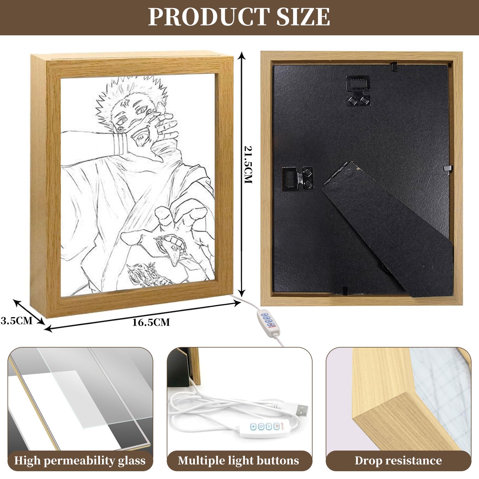 MeYuxg Cadre photo éclairé d'anime, cadre de peinture décorative créative, cadeau pour les fans d'anime, luminosité réglable, décoration artistique pour salon, chambre à coucher, chambre d'enfant, J