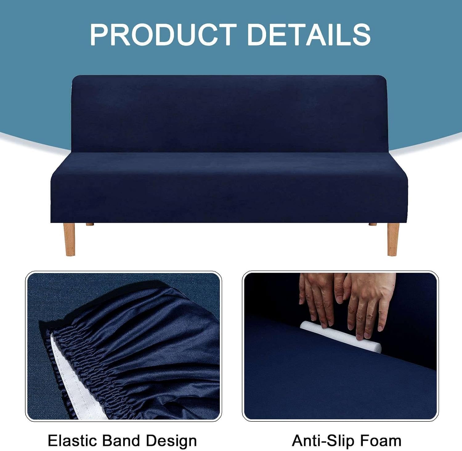 Spandex Futon Cover, Stretch Futon Slipcover with Elastic Bottom Removable Washable Armless Sofa Cover for Living Room-Navy Blue-Large