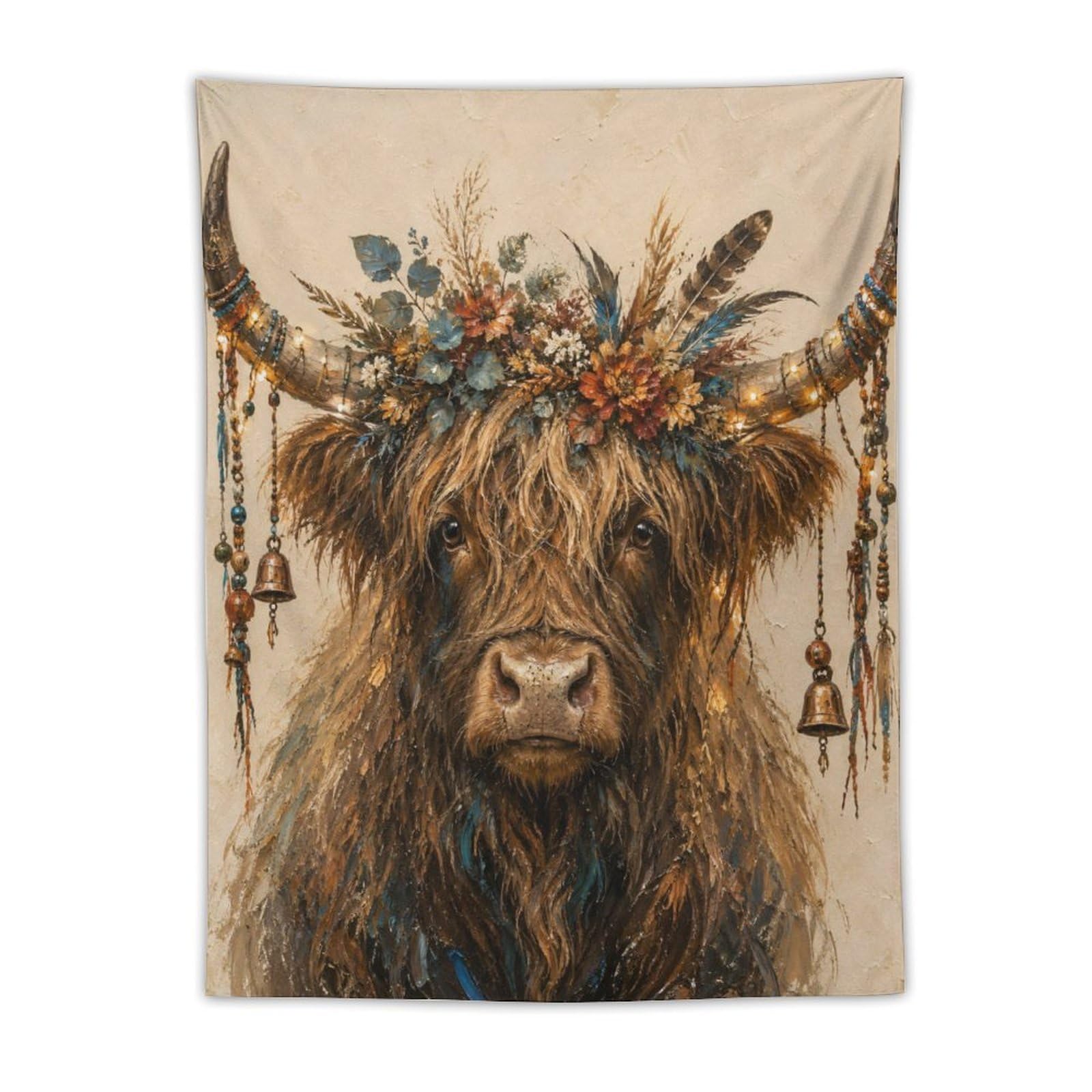 H3B8U2Y5 Highland Cow Rustic Portrait Wall Tapestry, Boho Floral