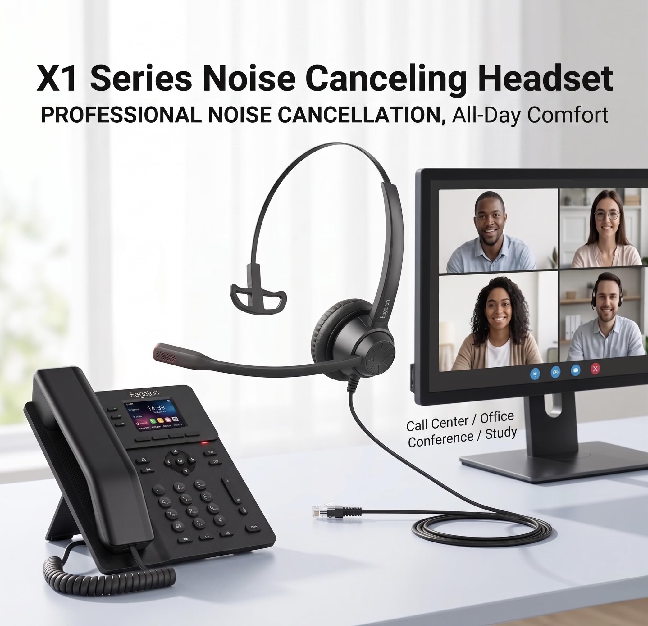 X1 Cuffie cablate per ufficio, cancellazione del rumore, cuffie per comunicazioni con microfono, design mono/doppio leggero per call center, reception, lavoro remoto e studenti