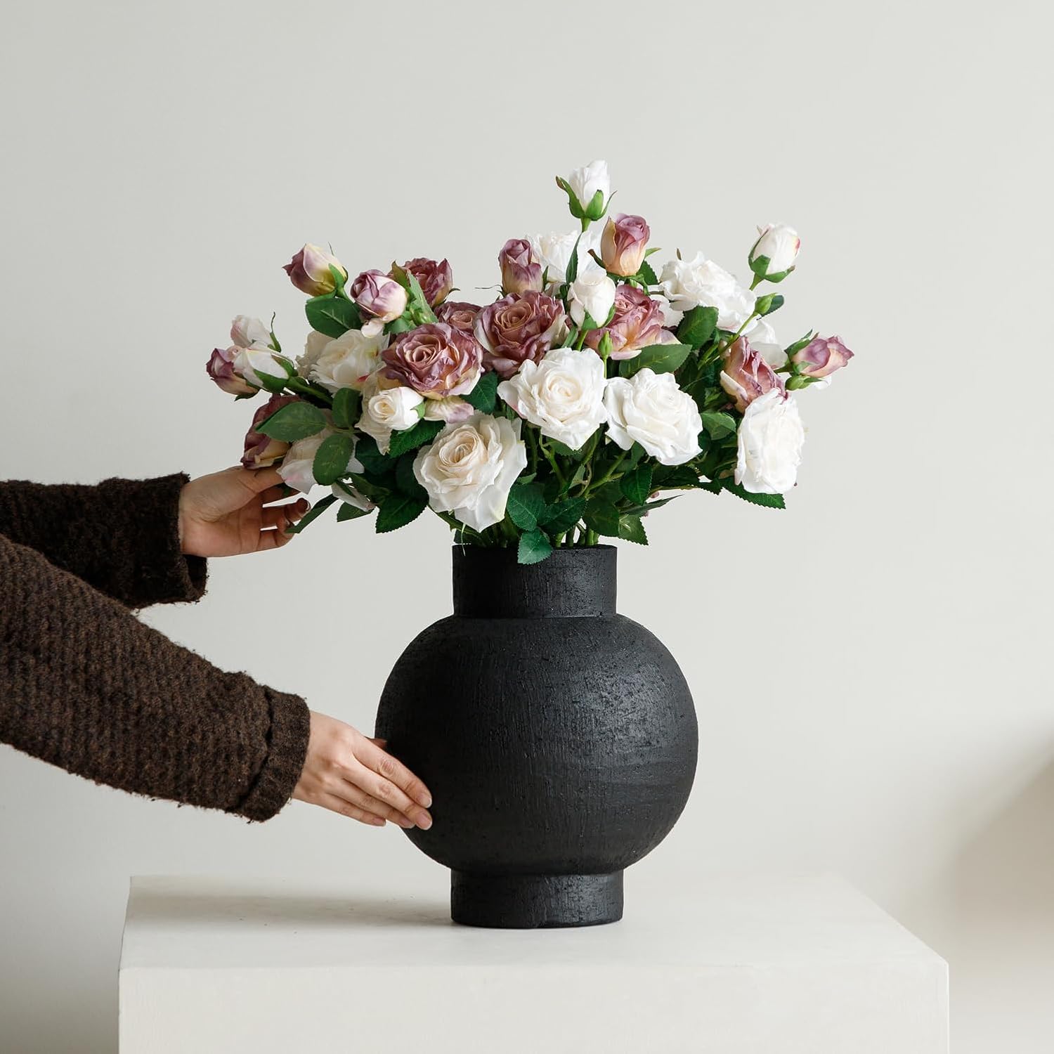 Large Ceramic Vase, 11.6 Inch Rustic Farmhouse Decorative Flower Vase Big Pottery Terracotta Vase for Home Decor, Table Centerpiece, Living Room, Floor, Bathroom, Wedding (Black)