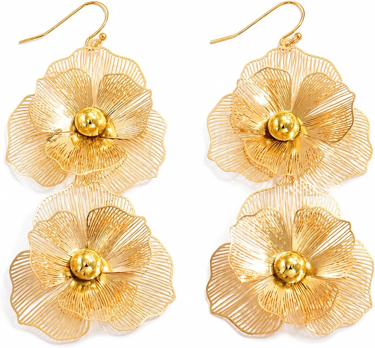 Flower Dangle Earrings, Gold Mesh Floral Jewelry