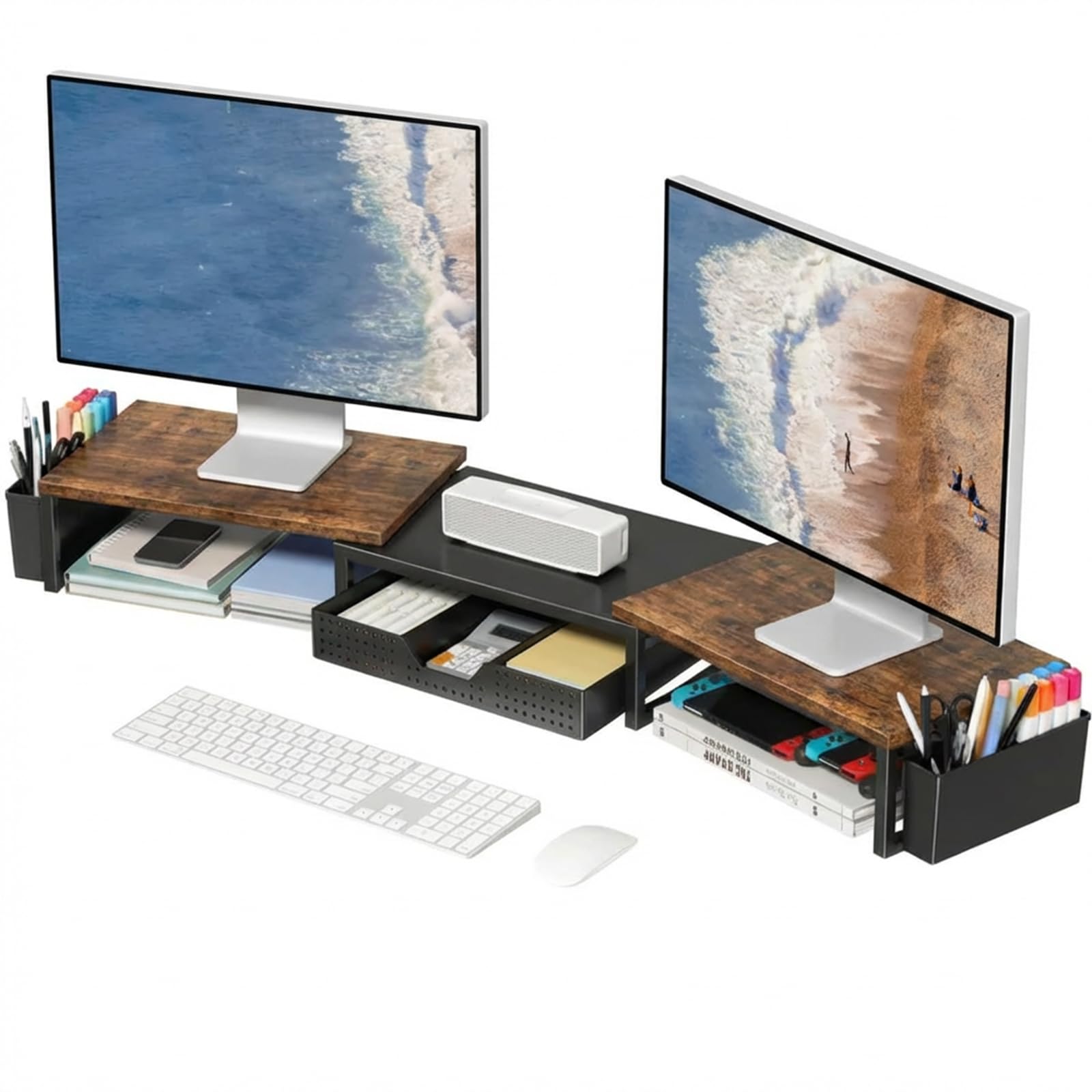 Photo 1 of OPNICE Desk Organizers and Accessories, Dual Monitor Stand Riser with Drawer and 2 Pen Holders, Desk Shelf Wood Computer Racks for Office Workspace Organizers, Desktop Organization (Rustic Brown)