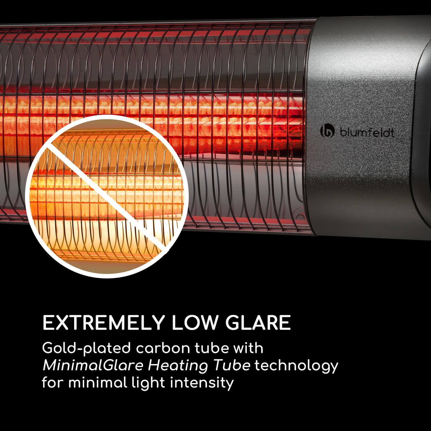 Blumfeldt Dark Wave Promiennik podczerwieni, Promiennik tarasowy, MinimalGlare Heating Tube: złocona rurka carbonowa, 24 stopnie grzania, Timer, IP65, sufitowy 2000 W, srebrny