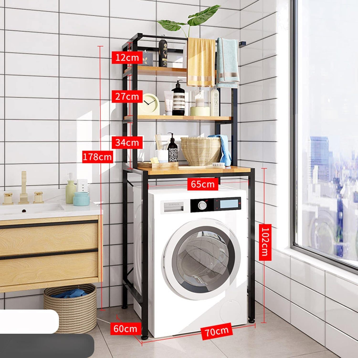 Bathroom Storage,Washer Storage Frames Floor Standing for Over Toilet,Carbon Steel 3-Layer Washinghine Shelf Bathroom Storage/Black