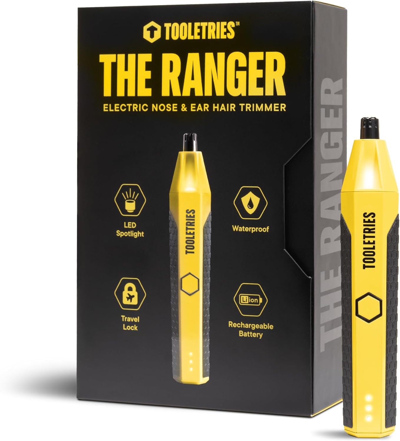 TOOLETRIES The Ranger - Electric Nose & Ear Hair Trimmer for Men, Wet/Dry Nose Clippers with Stainless Steel Blades, Waterproof, Rechargeable Li-Ion Battery, LED Spotlight, Travel Lock - Yellow