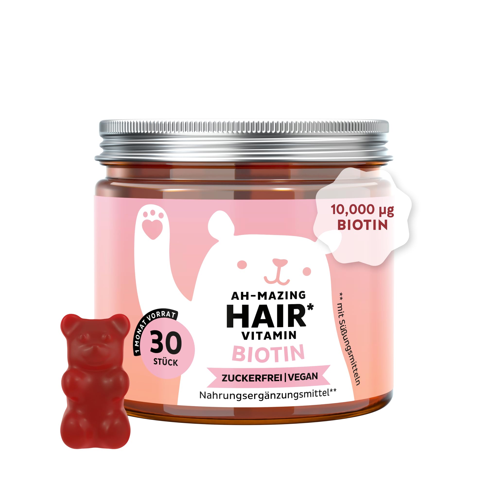 Ah-Mazing Hair - Biotin Gummies - Für Haare, Haut und Nägel Mit 10.000 µg Biotin, Zink, Vitamin B6, C & E sowie Jod – 30 Stück (1-Monats-Vorrat) Vegan & zuckerfrei - Bears with Benefits