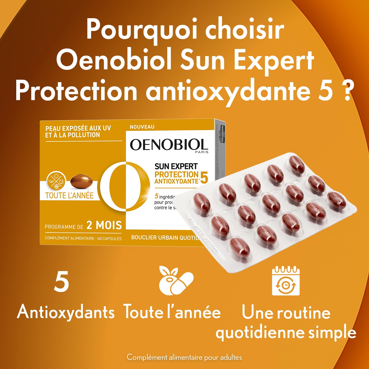 OENOBIOL SUN EXPERT Protection Antioxydante 5 – Bouclier antioxydant (UV, pollution, stress oxydatif) – Vitamines C, E et B2 – Complément Alimentaire 60 capsules – Programme 2 mois