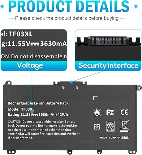 Miniatura 3 de TF03XL - Batería para HP Pavilion 15-CC 15-CD 15-CK 17-AR 14-BF 14-BF040WM 14-BK000 421 541 855 17-ar0xx 14-cd1055cl 14-bf0xx 15-CC1XX 15-CD0XX