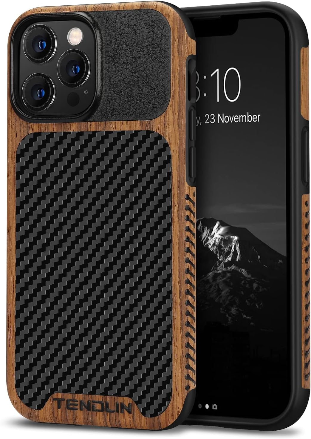 TENDLIN Compatible with iPhone 13 Pro Max Case Wood Grain with Carbon Fiber Texture Design Leather Hybrid Case Compatible for iPhone 13 Pro Max 6.7-inch Released in 2021 Black