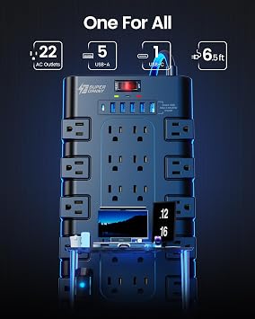 Power Strip, SUPERDANNY Surge Protector with 22 AC Outlets and 6 USB Charging Ports, 1875W/15A, 2100 Joules, 6.5Ft Flat Plug Heavy Duty Extension Cord for Home, Office, Dorm, Gaming Room, Black