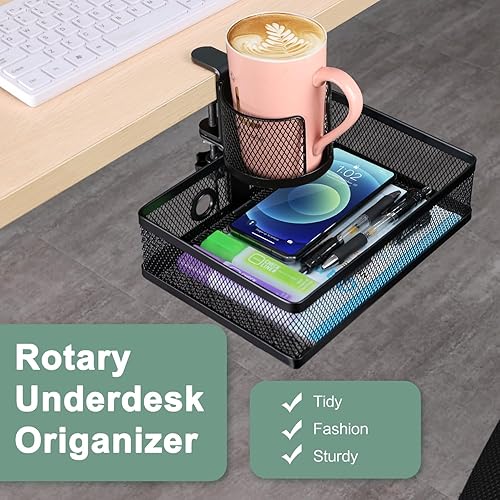 Miniatura 2 de ROSYLINE Cajón de rotación de 360 para debajo del escritorio, organizador de almacenamiento de escritorio giratorio con soporte para tazas,