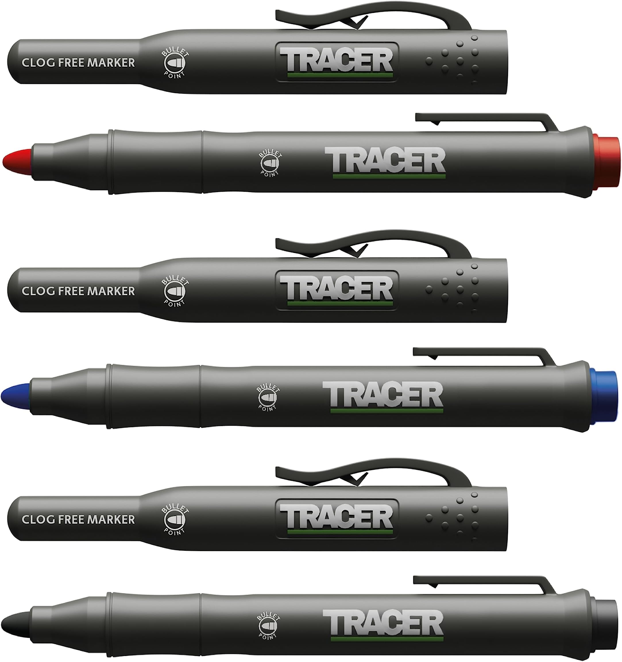 TRACER Clog-Free Construction Marker Kit with Tracer Place Holster (Universal Markers Perfect for Shiny and Dusty Surfaces.) - Black, Blue and Red