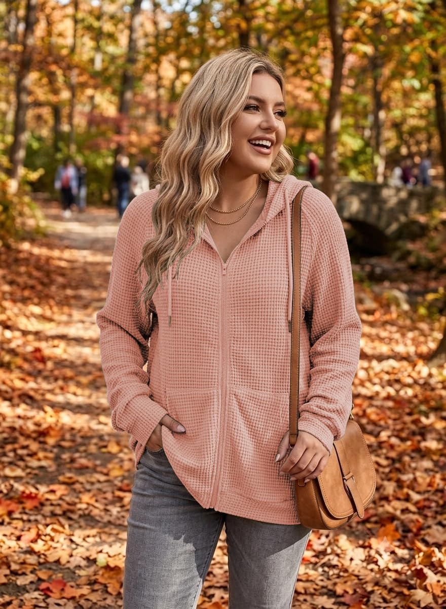 ForHailey Women's Plus Size Zip Up Hoodies Waffle Drawstring Sweatshirt image 5
