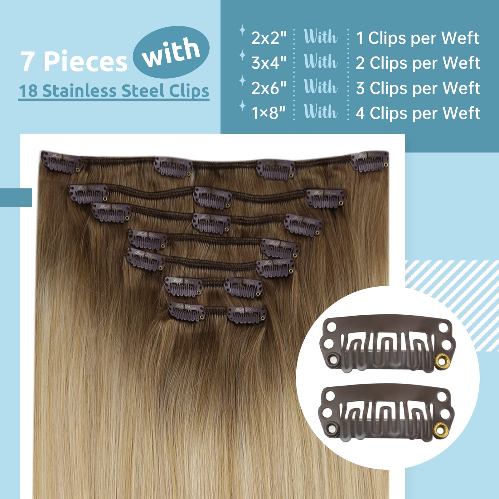 Fshine Clip in Estensioni Dei Capelli Umani 60.9cm Castagno Marrone Ombre Biondo Mix Platino Blonde Liscio Remy Estensioni Dei Capelli Umani Clip on Capelli Spessi 120g 7pcs
