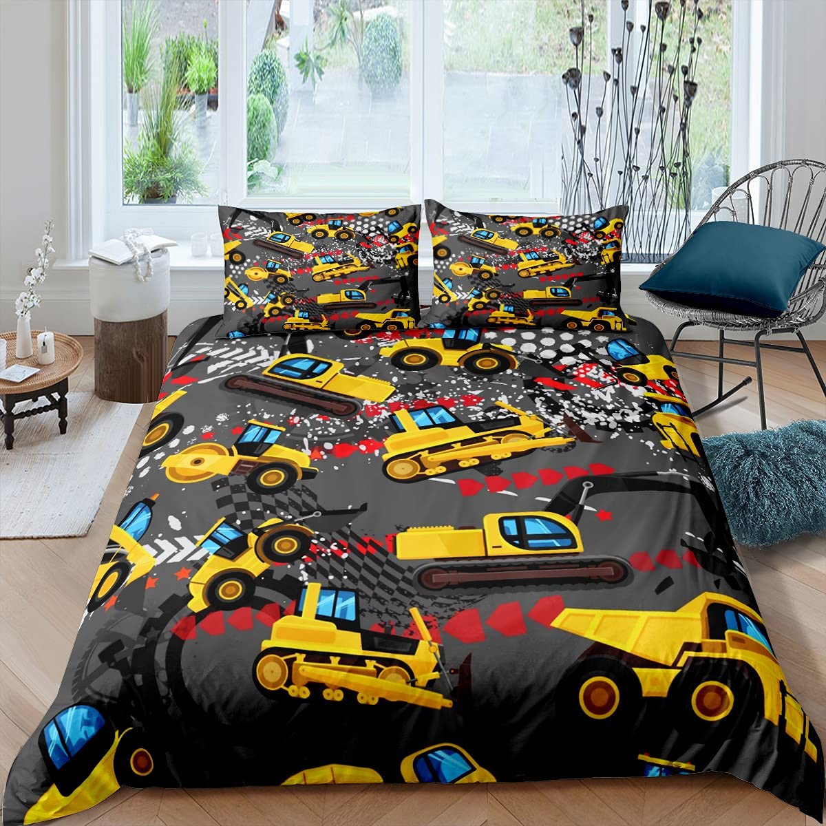 Loussiesd Juego de ropa de cama para excavadora, para niños, maquinaria, camiones, carros, funda de edredón y ropa de cama y lino Super King