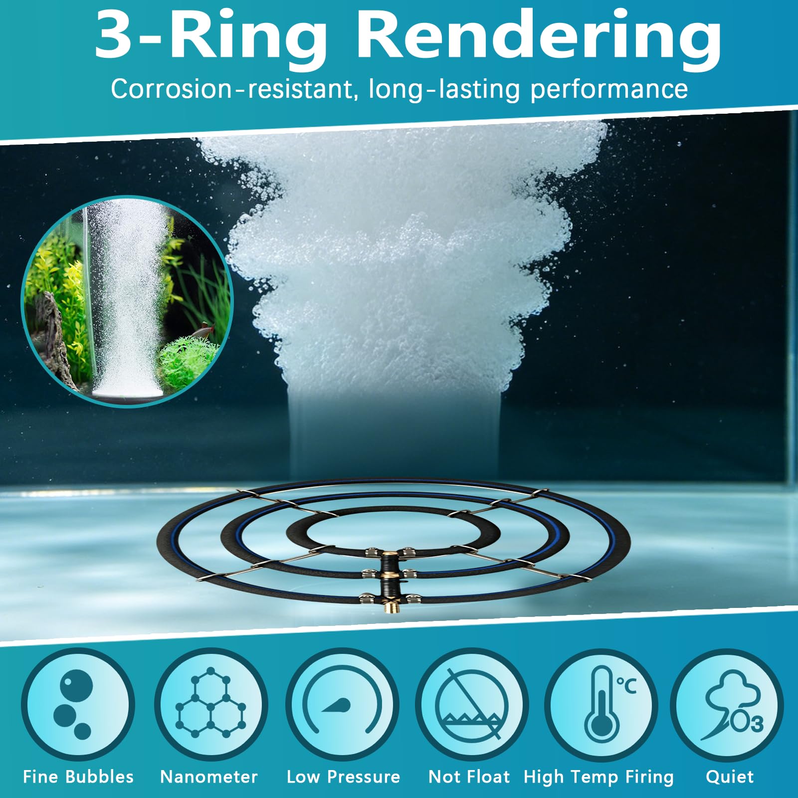 BRGD Belüfter Teich Belüfterring, Runder Sauerstoffdiffusor aus Edelstahl mit 5m Schlauch für Heimaquarien, Koi-Teiche, Zierfischteiche, Gartenteiche, Dreifach-Ring Ø35cm