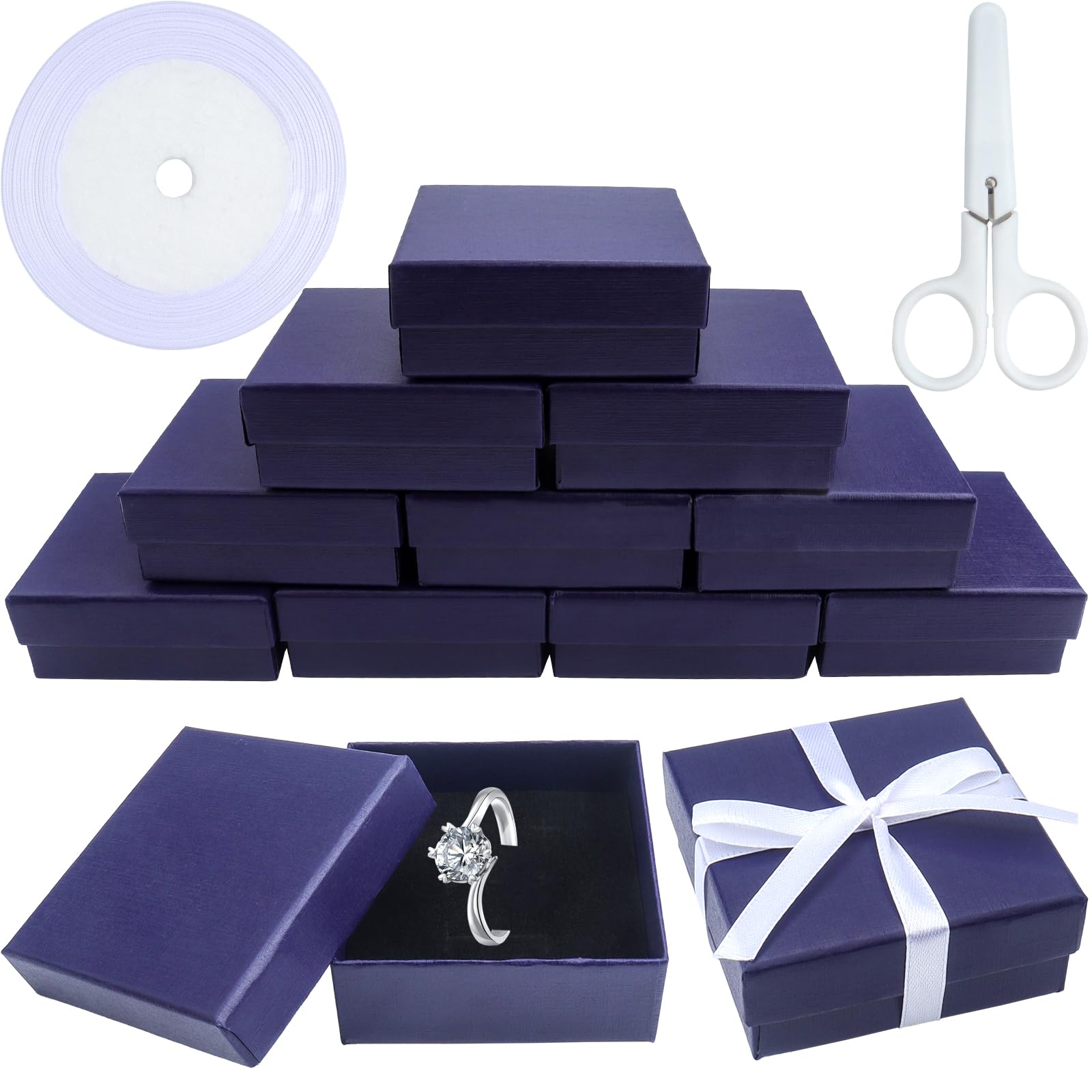 Boîtes cadeau carrées pour bague et boucles d'oreilles en carton rigide bleu avec ruban