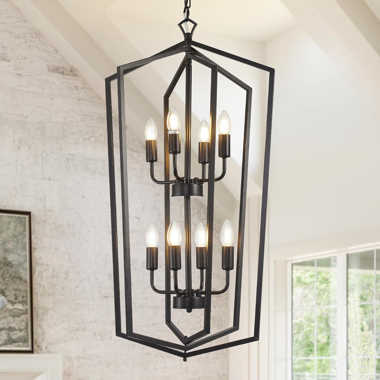 Black Chandelier, 8-Light Lantern Tiered Pendant Light Fixtures, Modern Farmhouse Foyer Lighting Fixtures, Large Chandeliers for High Ceilings Hanging Pendant Lights for Foyer, Staircase, Entryway