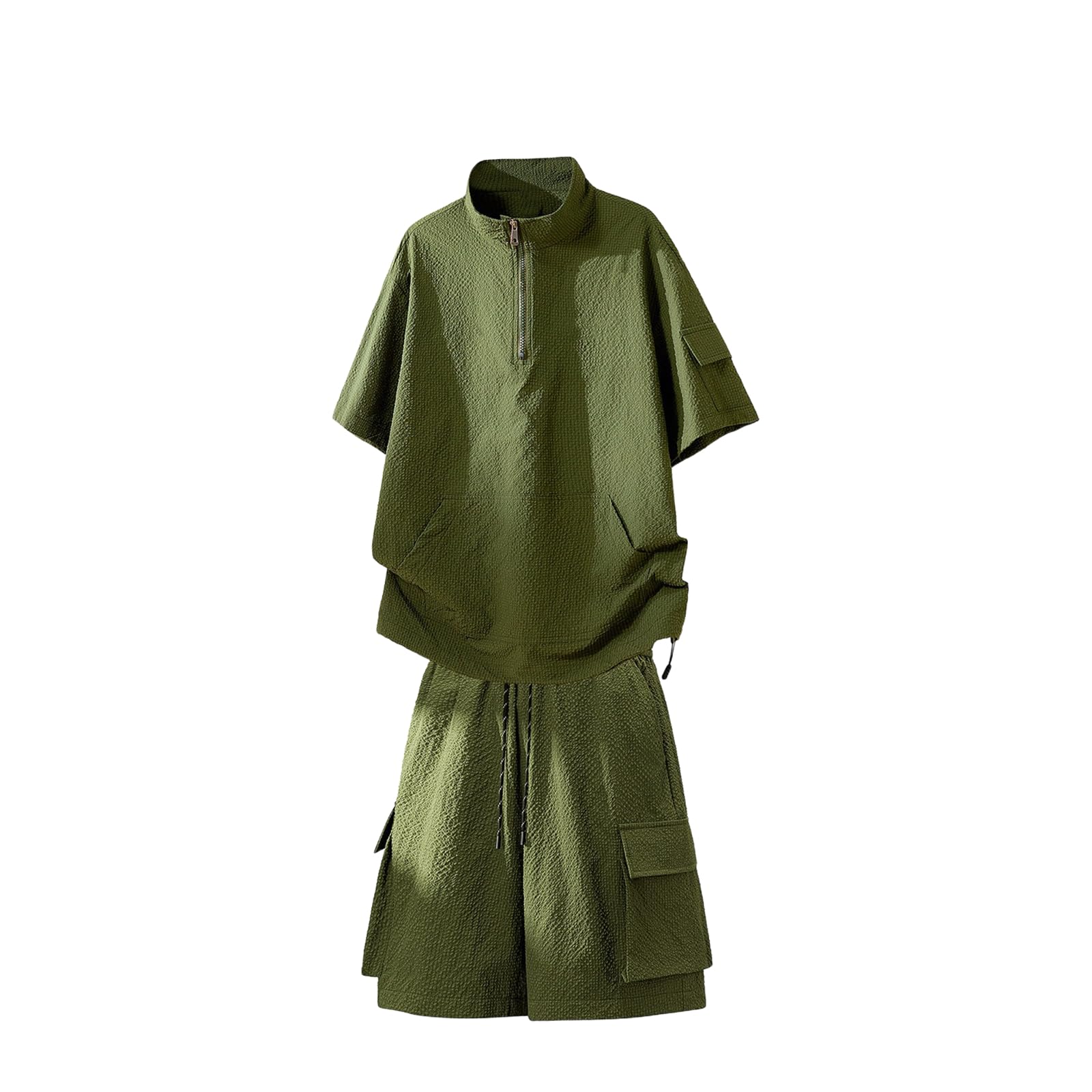 Men's American Casual Tracksuit Ice Silk Cargo Half Zip T-shirt 2 Piece Summer-Apricot-XXL