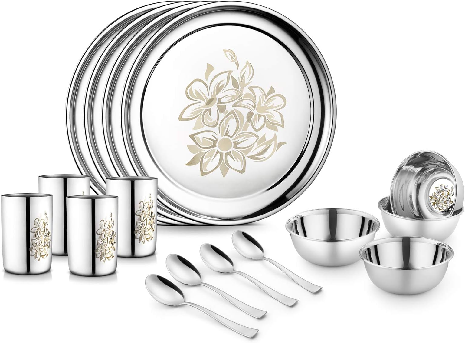 Jensons Steel Dinner Set 16 Pcs, Dinner set steel, Steel Dinner set, kitchen set for home, kitchen set for home kitchen items, Stainless steel dinner set, Heavy Gauge with Permanent Laser Design-Daisy