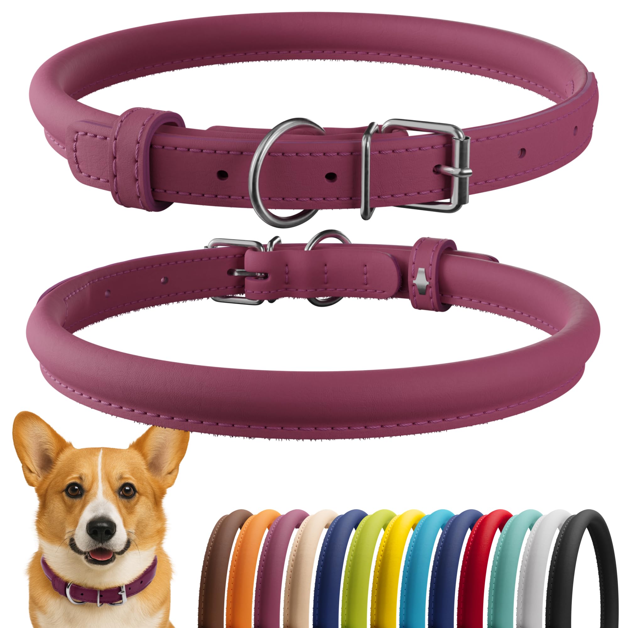 CollarDirect Rolled Leather Dog Collar, Soft Padded Round Puppy Collar, Handmade Genuine Leather Collar Dog Small Large Cat Collars 13 Colors (11-14 Inch, Pink Smooth)