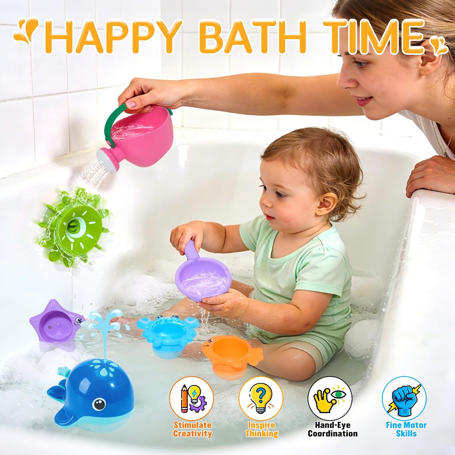 Mold Free Bath Toys | Easy Clean & Fun Baby Bath Toys for Kids Ages 1-3 | Watering Can Bath Cups Water Wheel Whale Bath Toy for Babies 12+ Months | Bathtub Pool Water Toys for 1+ Year Old Girl Gifts