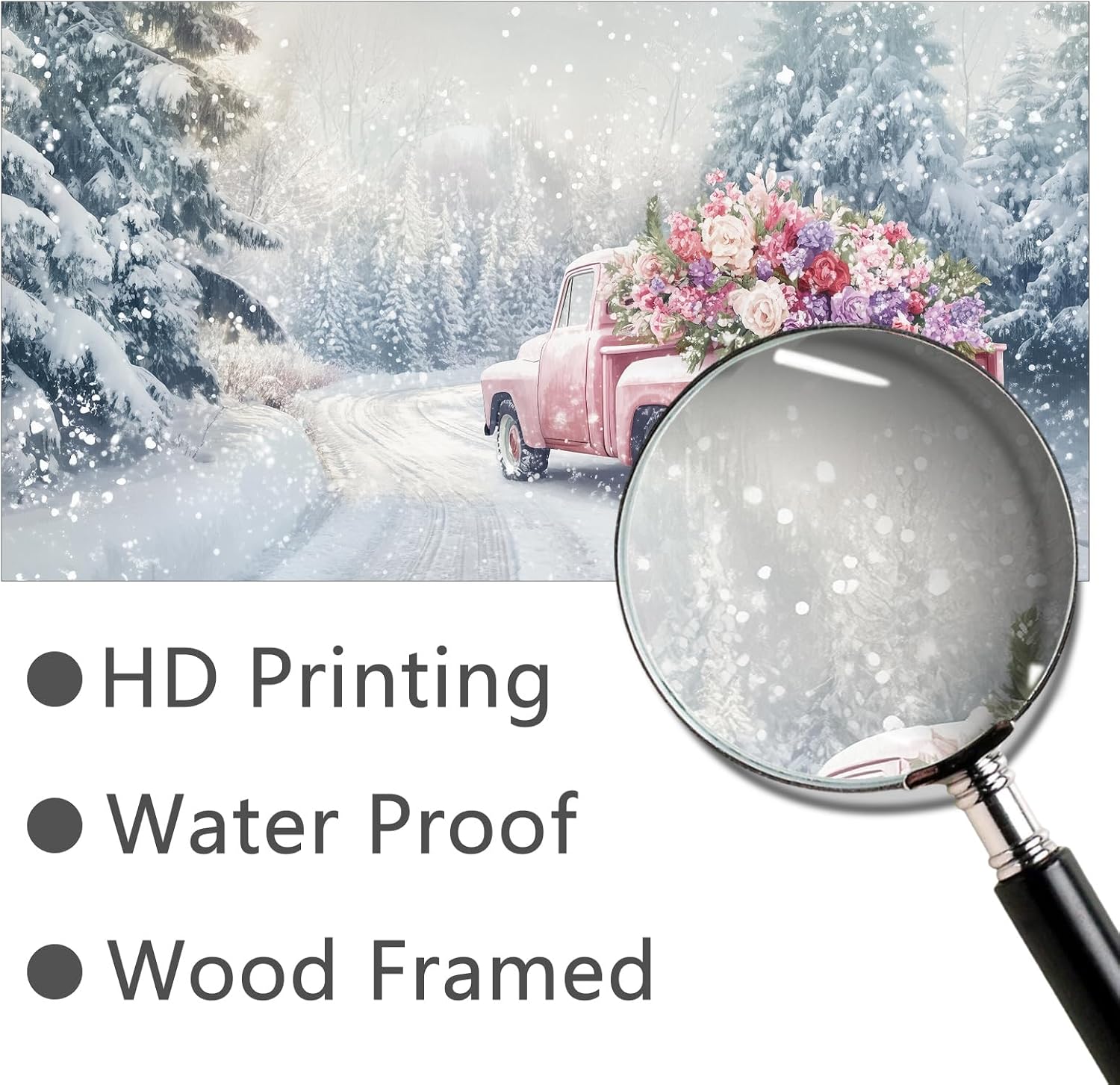 Craftline Vintage Winter Snowy Forest Landscape Canvas Wall Art Rustic Pink Pickup Truck with Rose Flower Landscape Pictures Nature Holiday Christmas Gift Poster Prints Artwork For Farmhouse 32x16”