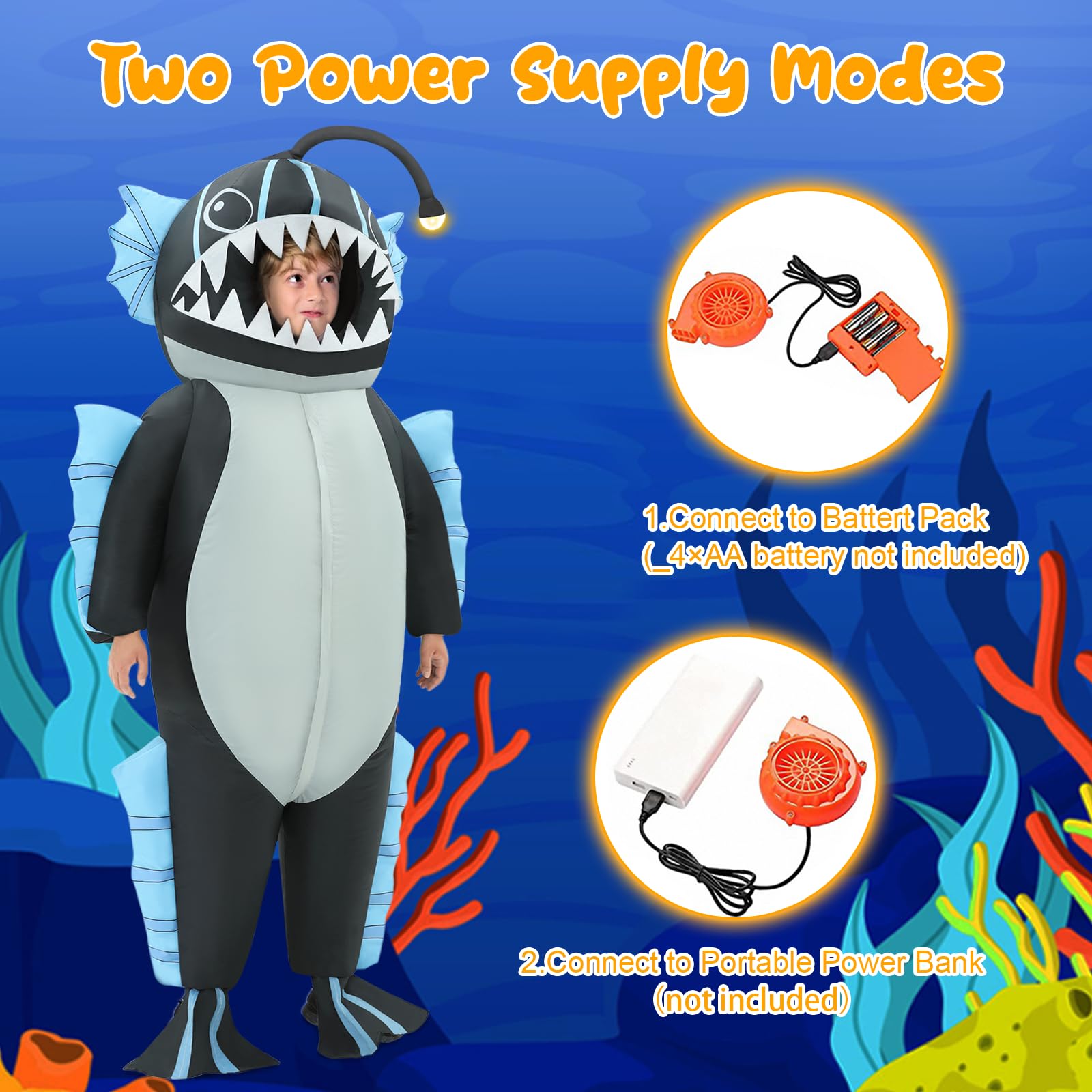 Disfraz inflable, disfraz inflable de pez pescador para niños, divertidos disfraces inflables de Halloween para niños y niñas 2