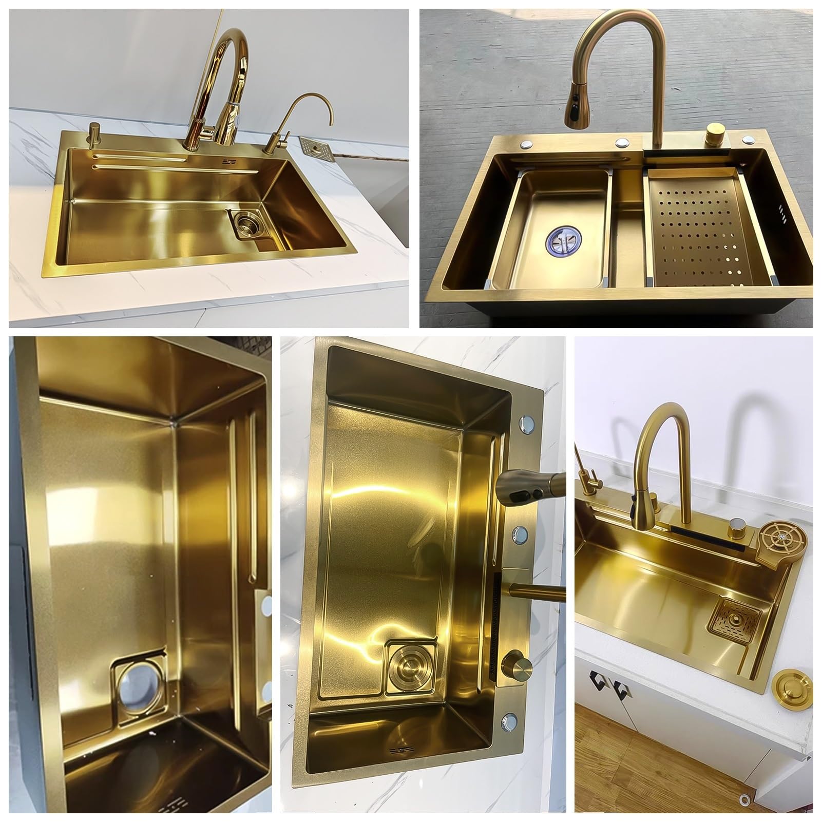 Fregadero de Cocina Grande Tipo Cascada, Fregadero Multifuncional para Bar con Grifo extraíble, lavavasos y Kit de desagüe, Fregadero de Acero Inoxidable de un Solo Seno Estilo gra