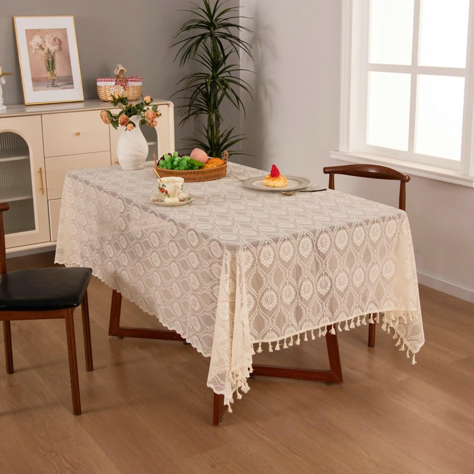 Tovaglia Beige Vintage, Tovaglia Tavolo Salotto 140x260cm Jacquard Floreale con Nappe Poliestere