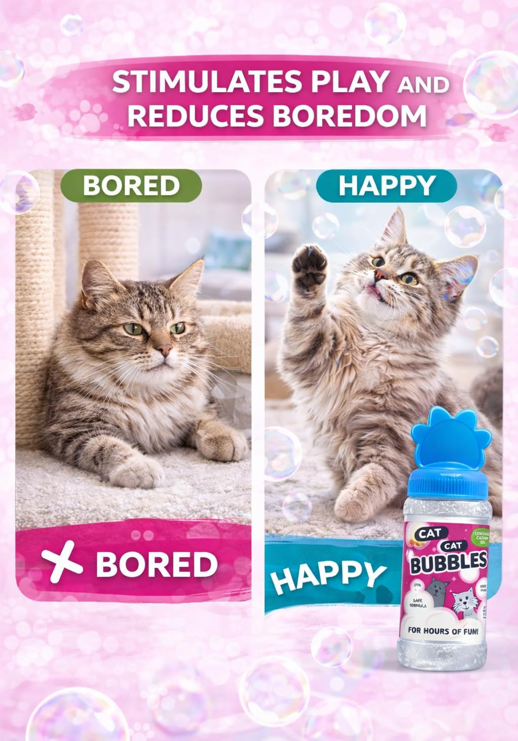 Pet Guru Bolle per gatti con olio di erba gatta, giocattolo sicuro e atossico per gatti, 120 ml, con bacchetta per bolle inclusa, tappo a forma di zampa (2)