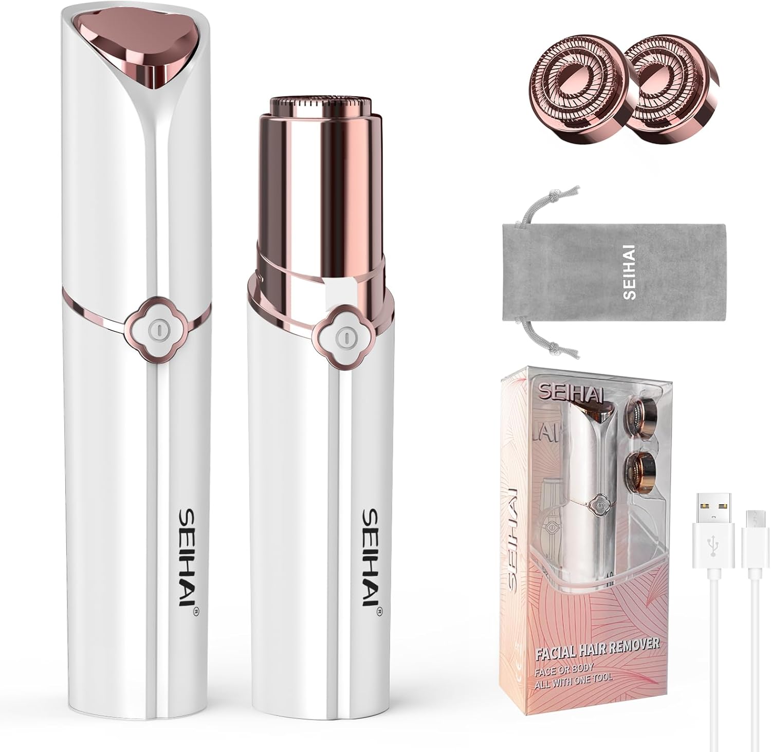 Facial Hair Remover for Women, SEIHAI Ladies Facial Hair Remover- Rechargeable, Womens Face Hair Remover, 2 x Replacement Heads Included, Epilator Hair Removal,Lady Shavers for Upper Lip, Chin