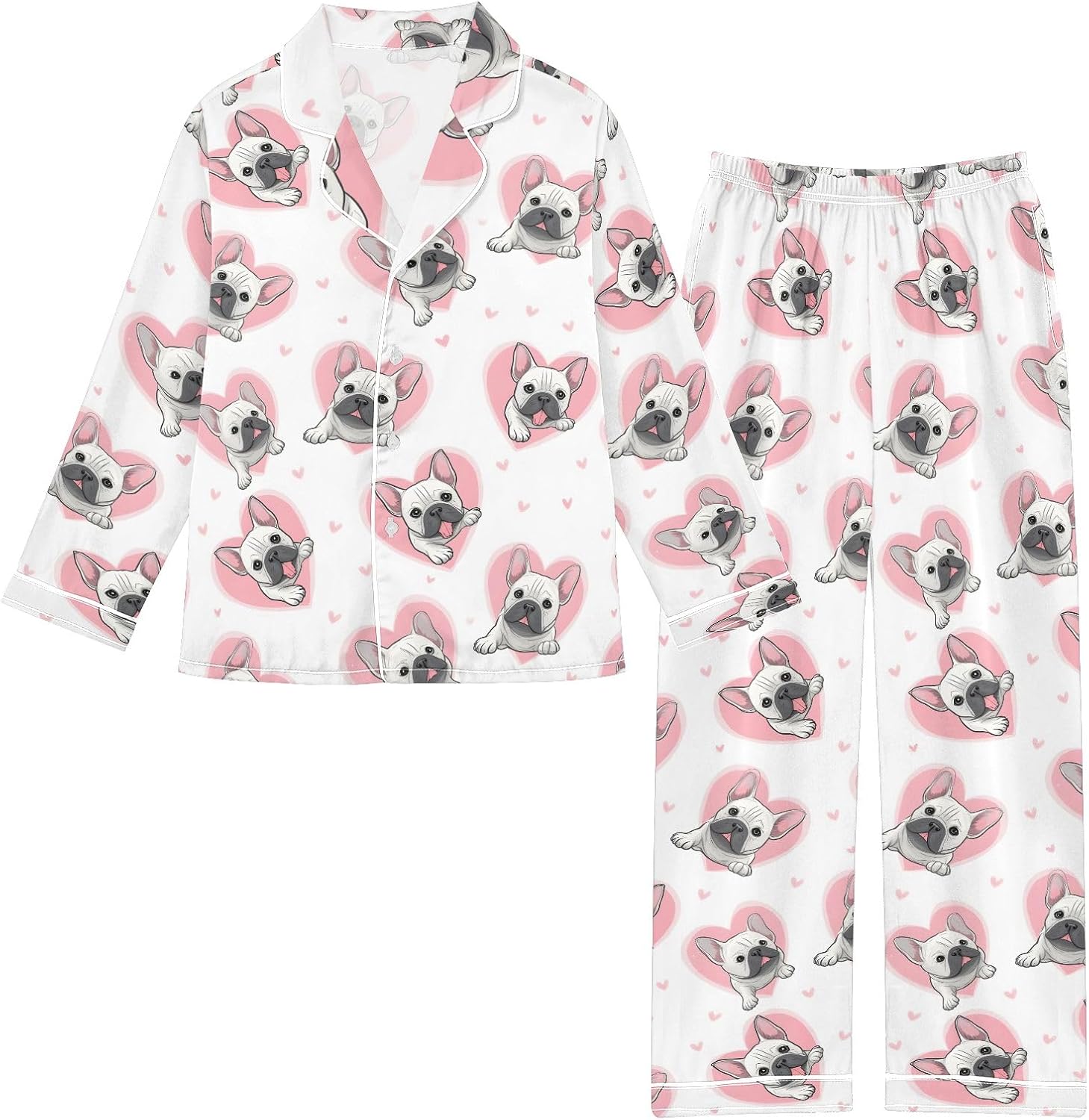 Kids Casual Satin Wear Set French Bulldog Love Pattern Unisex Relaxed Fit Clothing