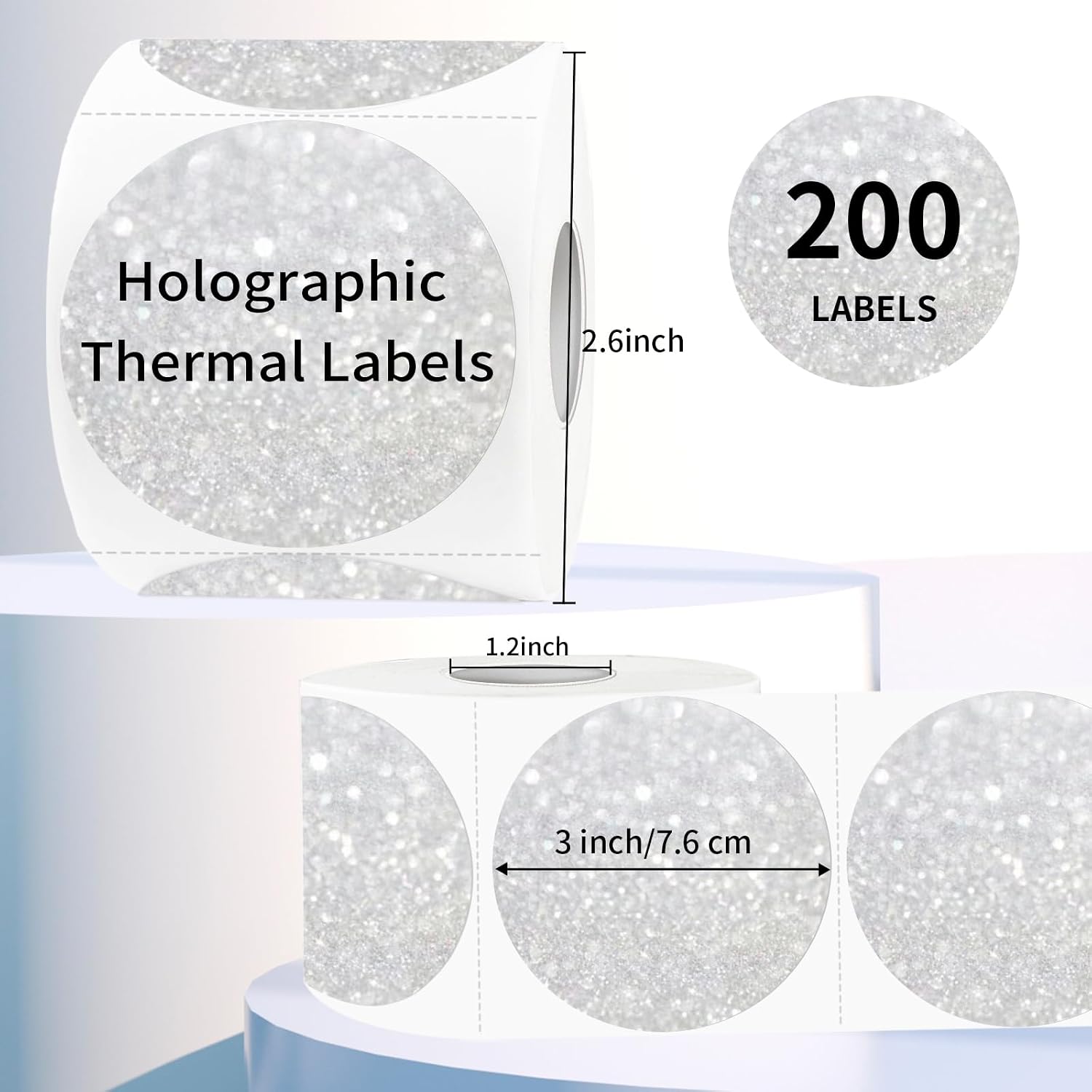 3" Holographic Direct Thermal Label Stickers, Round Printable Rainbow Glitter Thermal Printer Sticker Labels for Gift Wrapping, Self-Adhesive DIY Custom Logo Design- Shiny Silver image 2