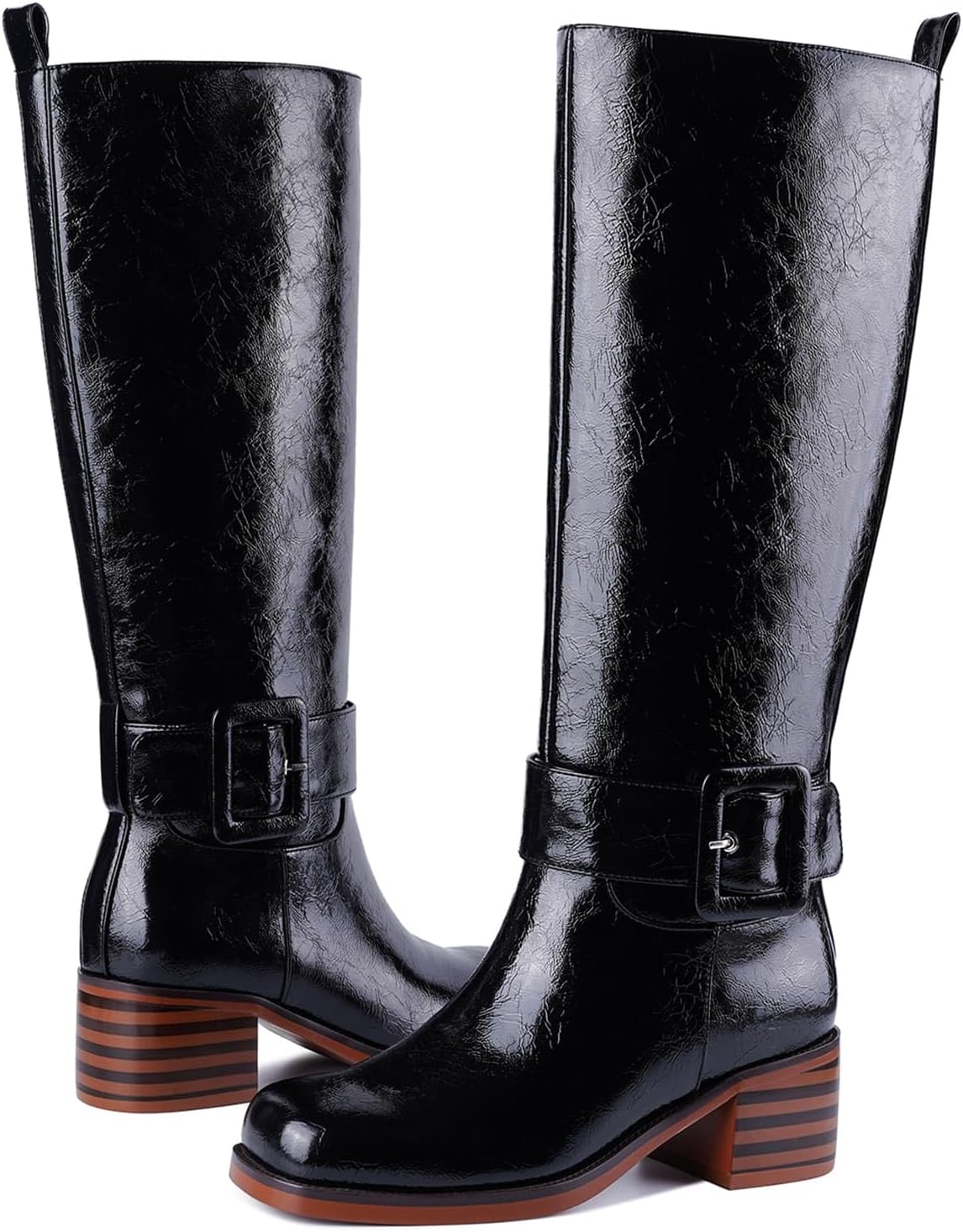Knee High Boots for Women Square Toe Chunky Low Heel Pull On Fall Long Boots Wide Calf Comfortable Biker Riding Boots Black - Image 5