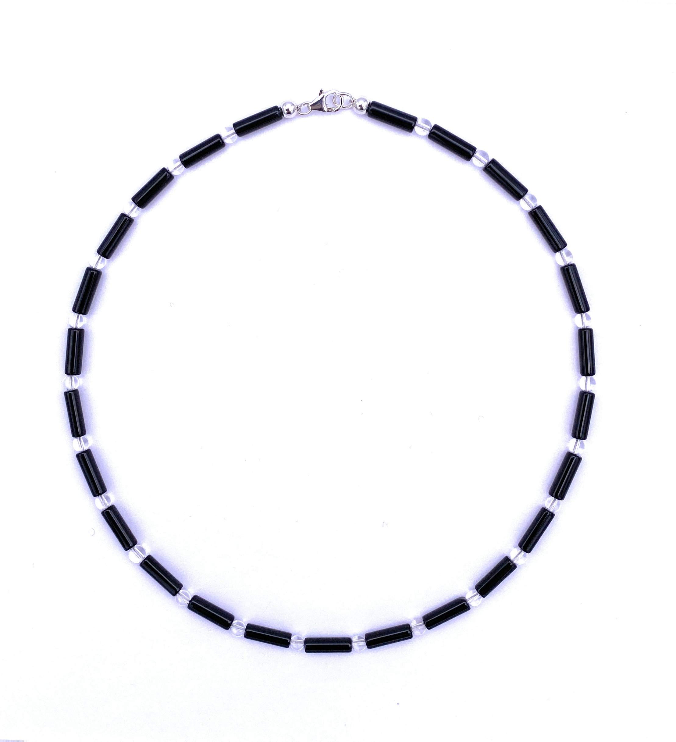 Onyx Halskette Onyx Walzen und Bergkristall Kugeln im Wechsel Verschluss 925er Sterling-Silber