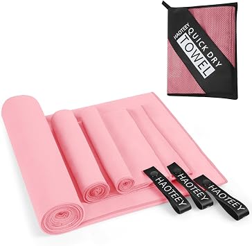 Quick Dry Travel Towel, 3 Sizes 1 Pack Camping Microfiber Towel, Lightweight Fast Drying Towels Set 60"x30", 30"x15", 15"x15" w/Bag for Gym, Beach, Hiking, Swimming, Pink