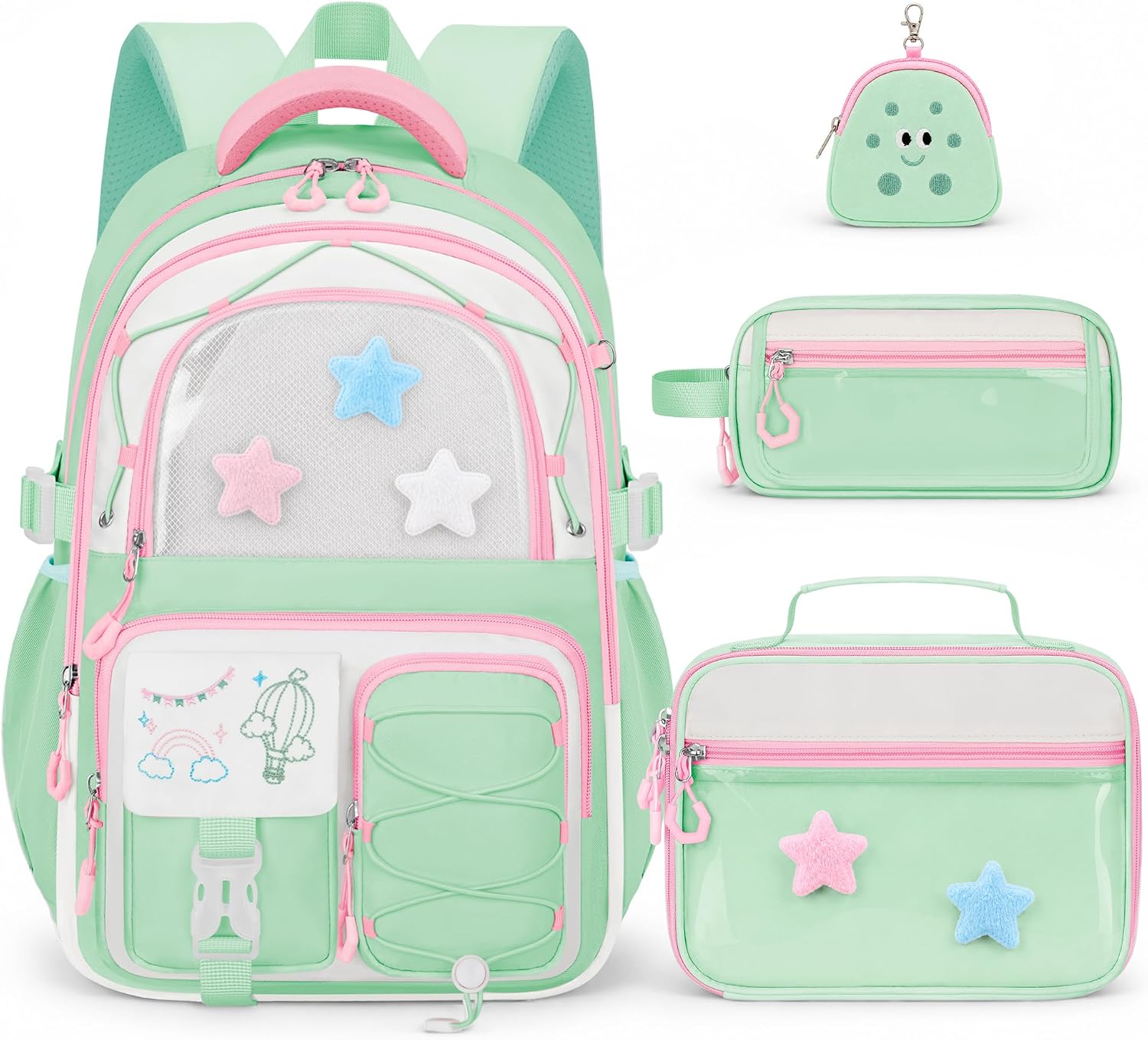 Girls Backpack with Lunch Box, 4 PCS Green Kawaii School Bookbag for Girls