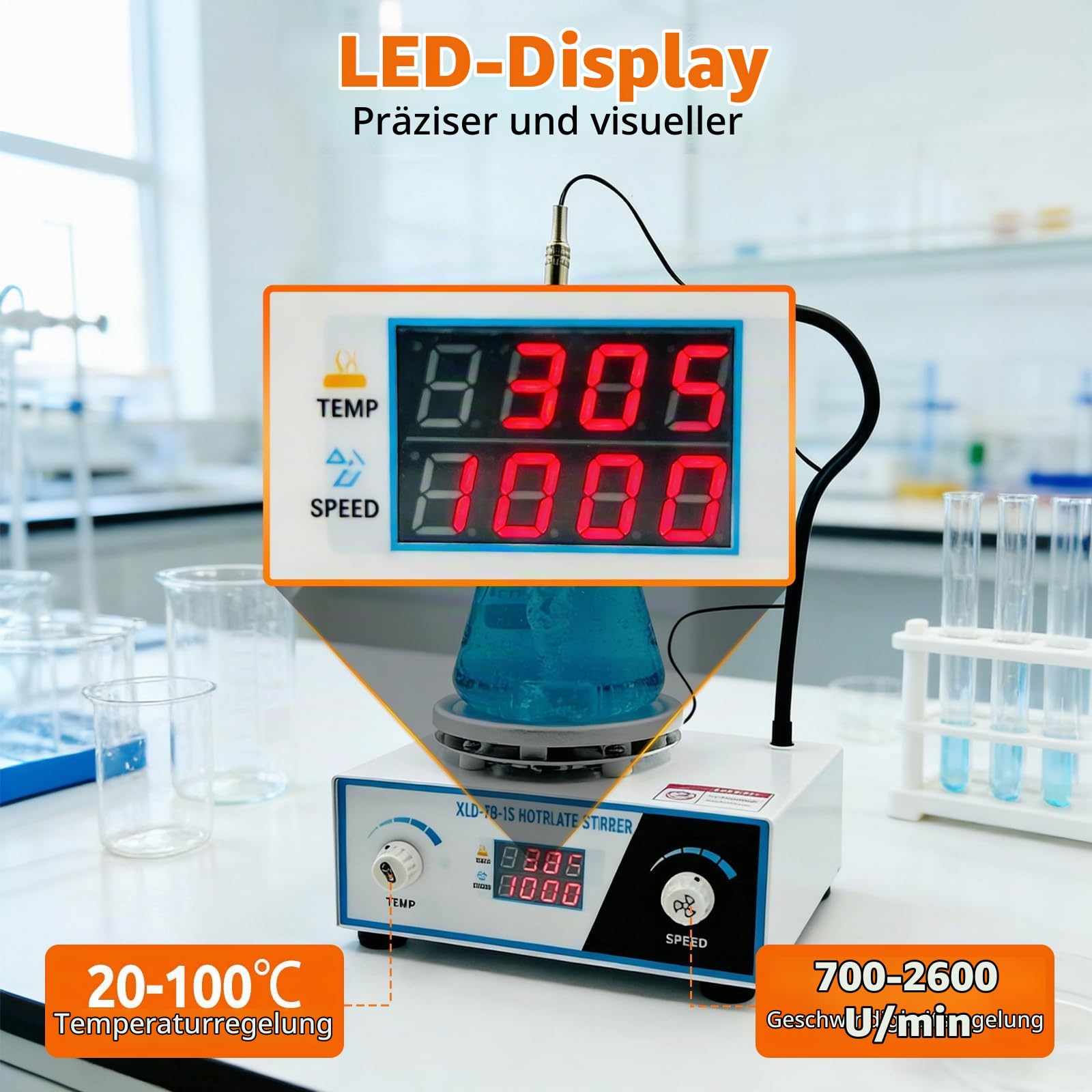 Magnetrührer Heizplatte, 700-2600 U/min, 2L Kapazität, 100℃, 180W | Magnetischer Mischer mit LED-Anzeige, Labor Magnetic Stirrer Mixer mit einstellbarem RPM-Taste, Stützständer, Rührstäben
