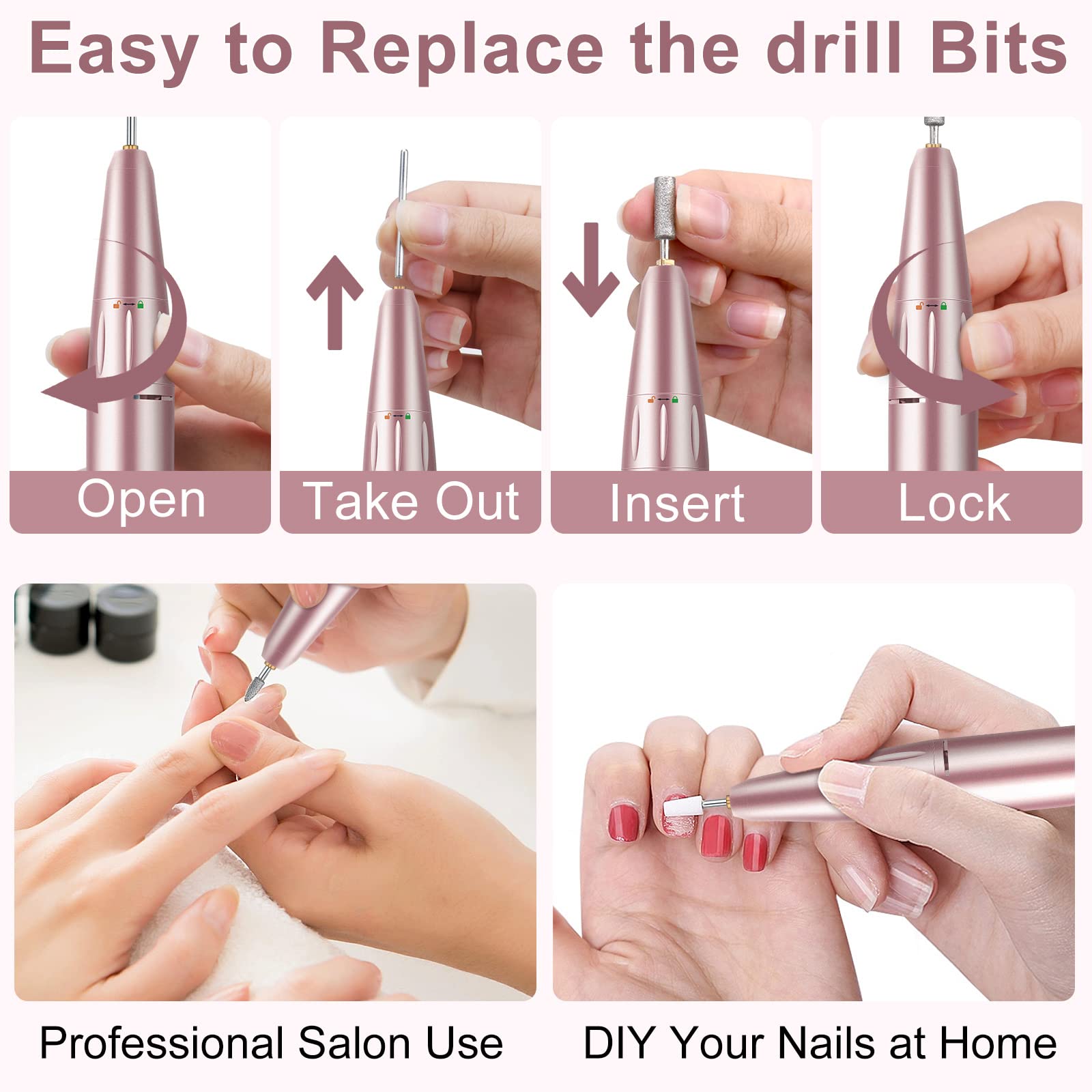 Ponceuse pour Ongles Professionnelle Electrique, 35000 RPM Portable Rechargeable Lime à Ongle avec 11 Embouts et Affichage LCD, Vitesse Réglable Puissante pour Manucure et Pédicure (Rose)