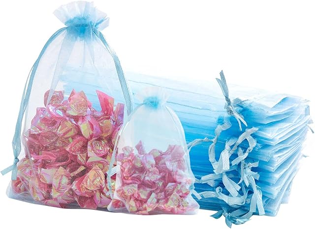 50Pcs Small Light Blue Organza Gift Bag 7x9cm Jewellery Pouches Organza Bag Party Favour Candy Drawstring Bag for Wedding, Birthday, Anniversary, Christmas