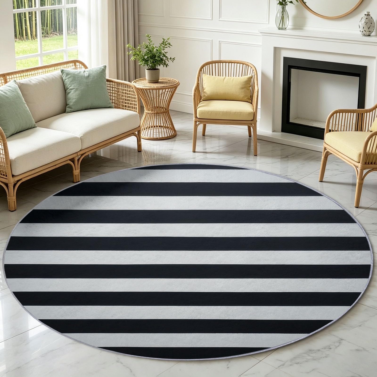 Tappeto rotondo minimalista a righe bianche e nere, 60 cm, morbido, lavabile in lavatrice, per interni, antiscivolo, a pelo basso, per soggiorno, cucina, camera da letto, sala da pranzo, decorazione