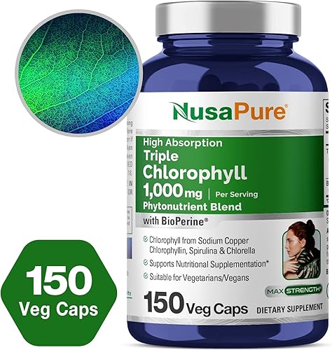 Miniatura 4 de NusaPure Complejo triple de clorofila de 1000 mg (cápsulas veganas, sin OMG y sin gluten, bioperina) de alta absorción