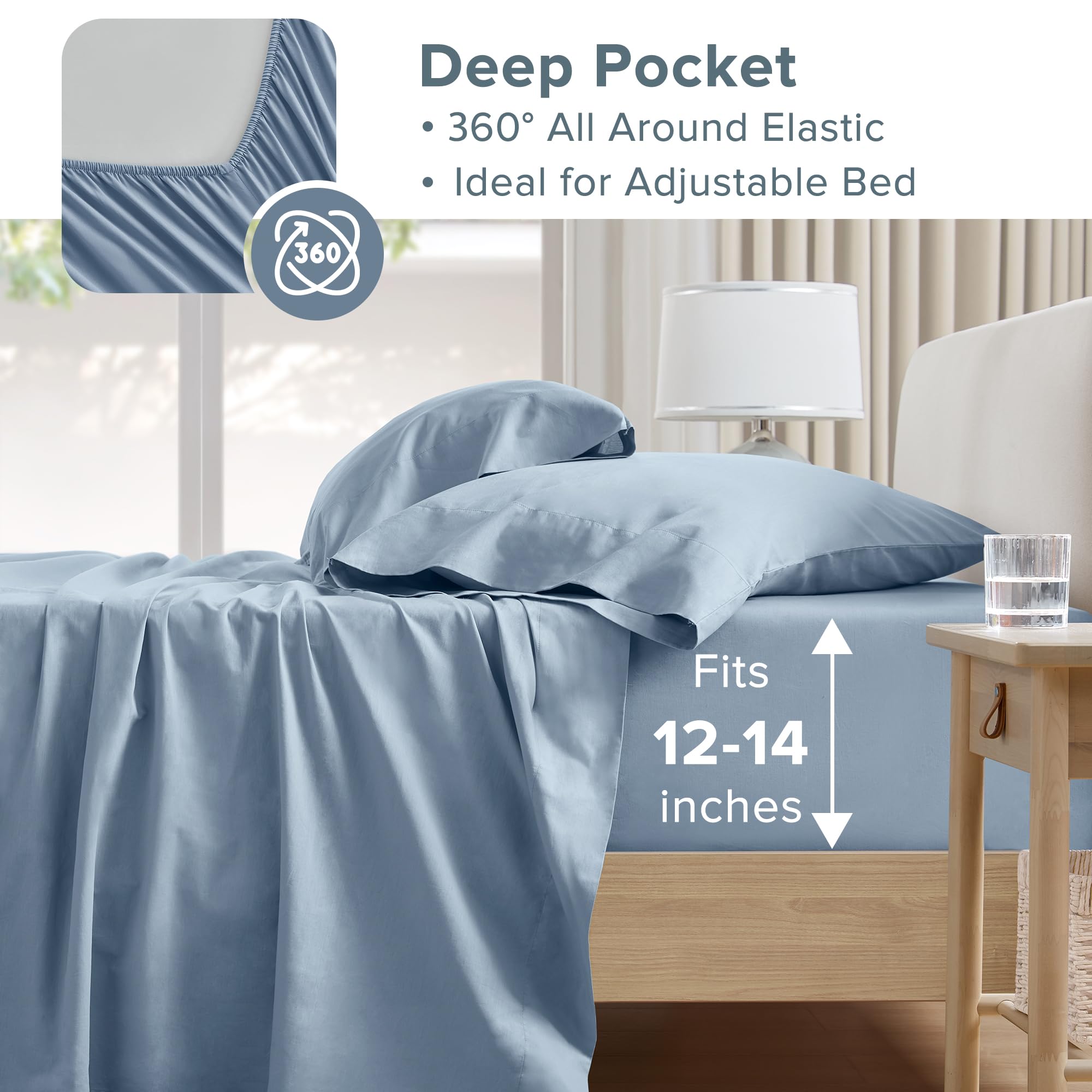 Blue 100% Cotton Percale Twin Sheet Set 3 Pcs U53239