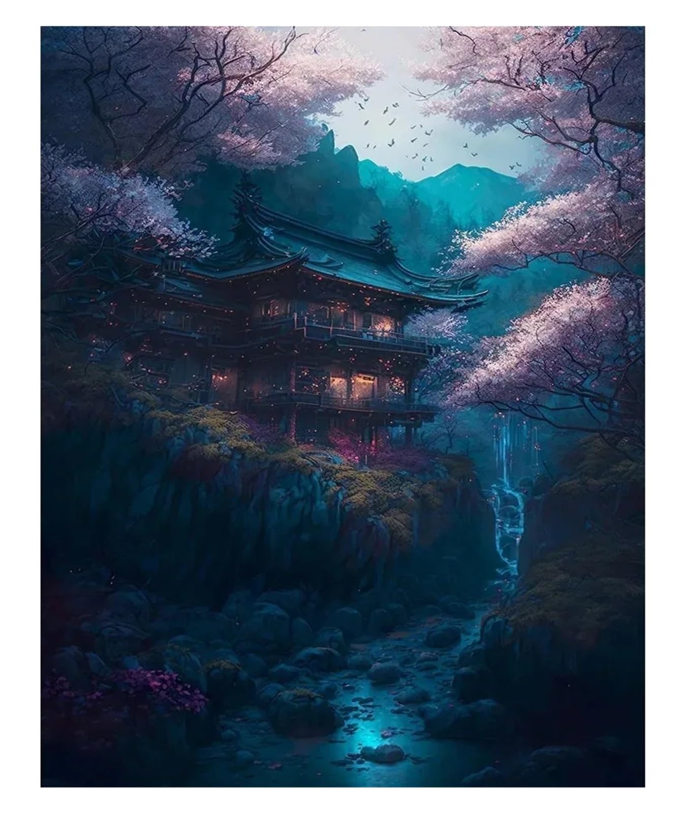 Affiche paysage de maison japonaise fantaisie vintage | Art mural poétique